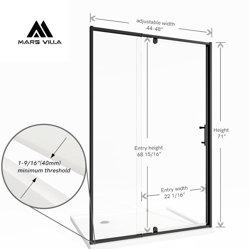 Modern black frame swing shower glass door with minimal 40mm threshold, adjustable width 44 to 48 inches, bathroom shower enclosure measurement drawing