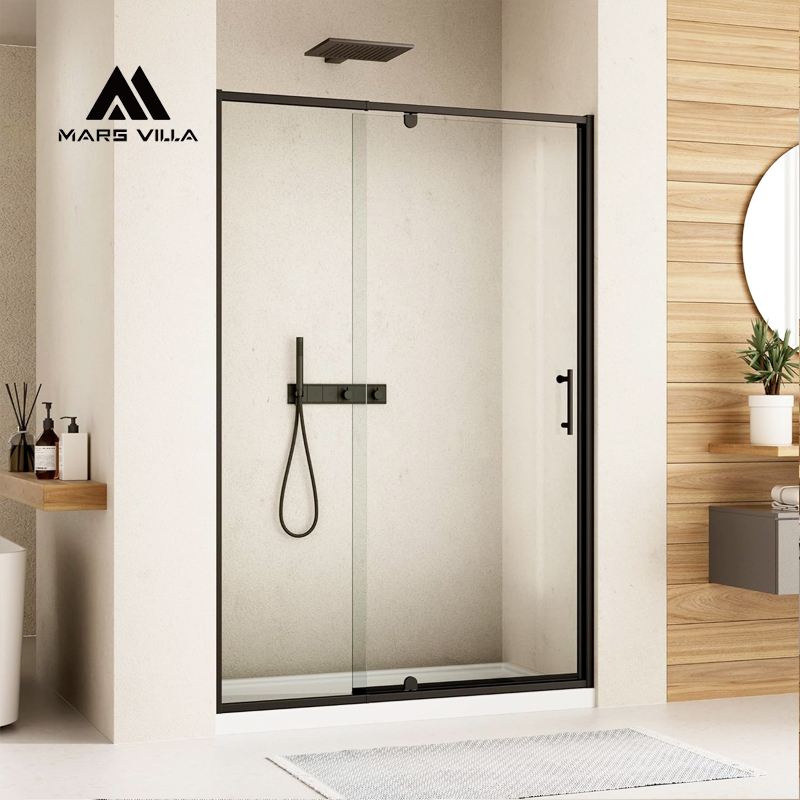 Custom Frameless Pivot Shower Door With Fixed Panel | Matte Black Glass Shower Enclosure Manufacturer