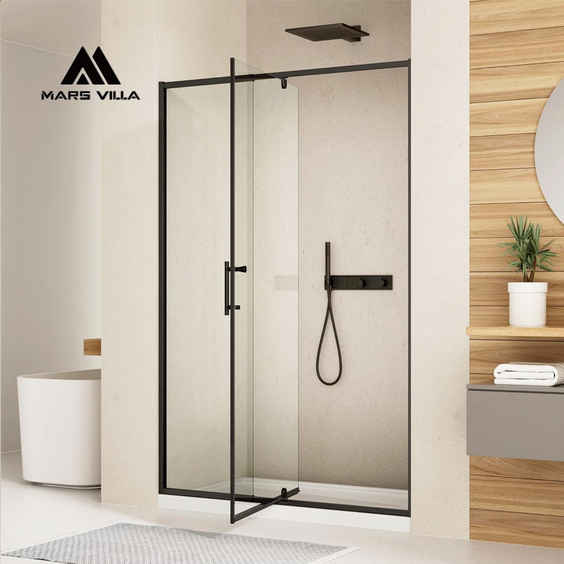 Frameless Pivot Shower Door Closed With Fixed Glass Panel In Matte Black