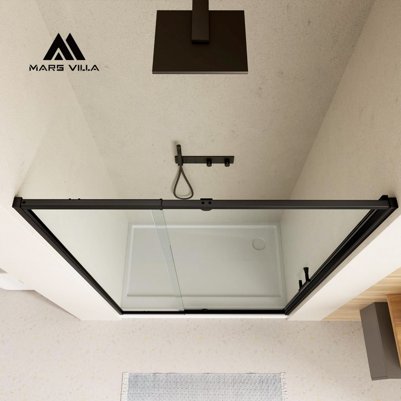 Top View Of Custom Frameless Swing Shower Door With Matte Black Aluminum Frame And Clear Tempered Glass