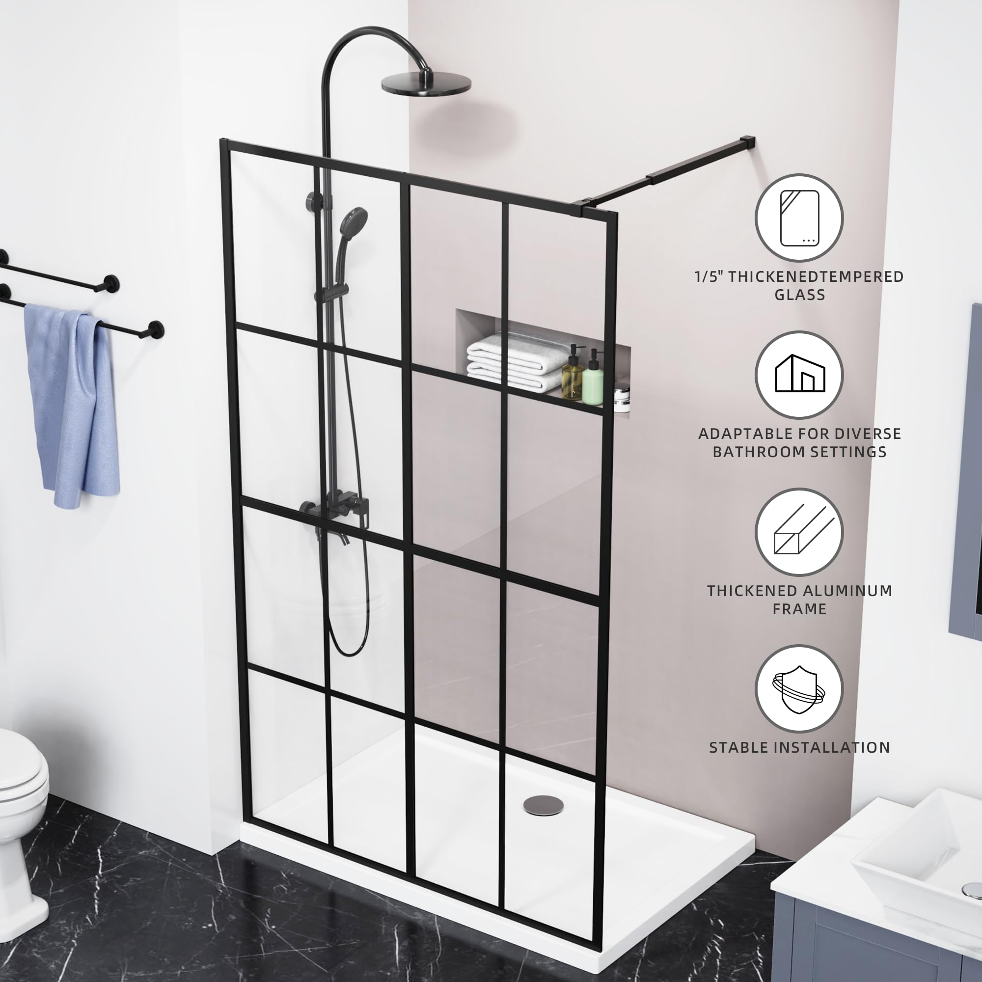 Mars villa matte black grid walk-in shower screen, tempered glass shower partition