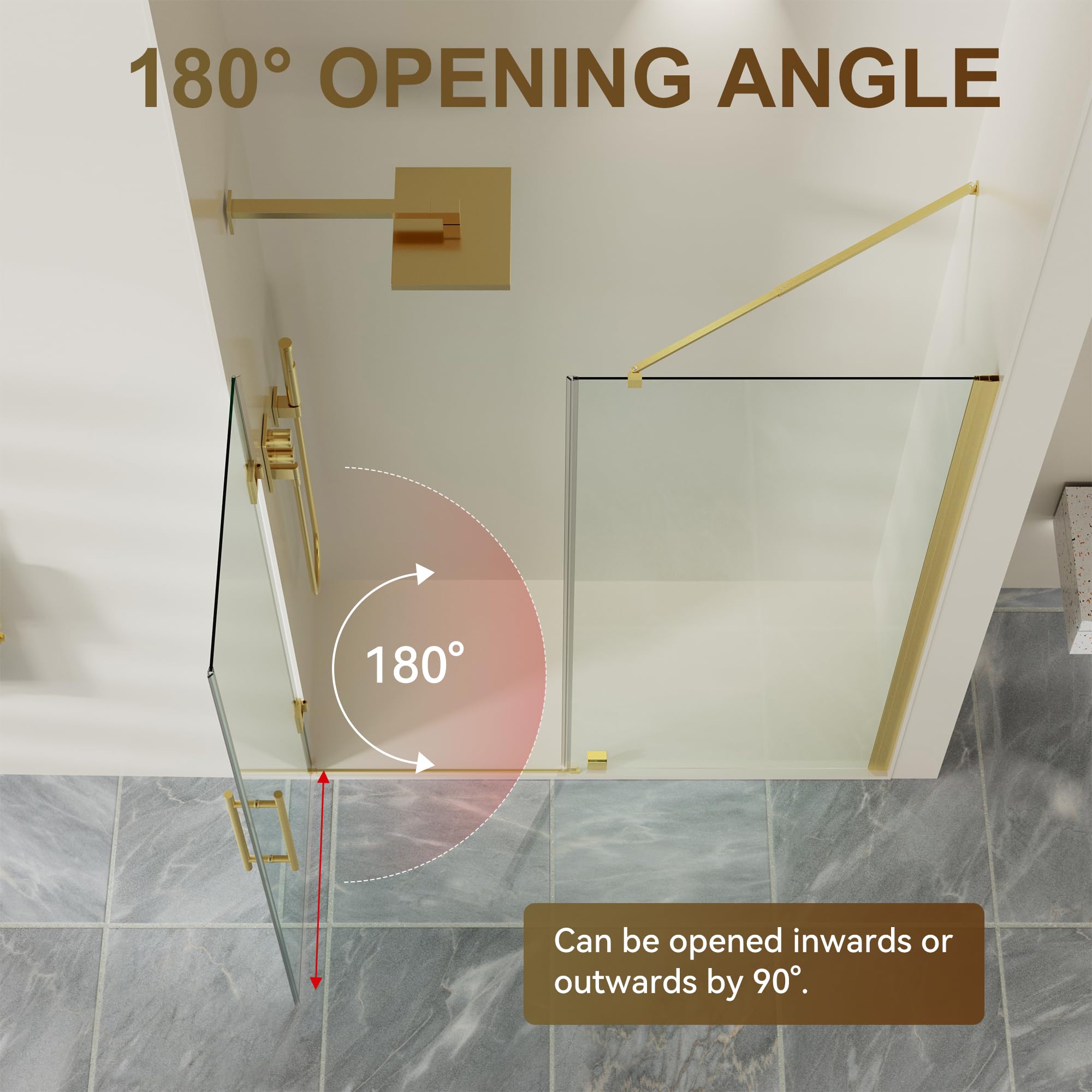 180° opening hinged shower door diagram, inward & outward reversible swing design
