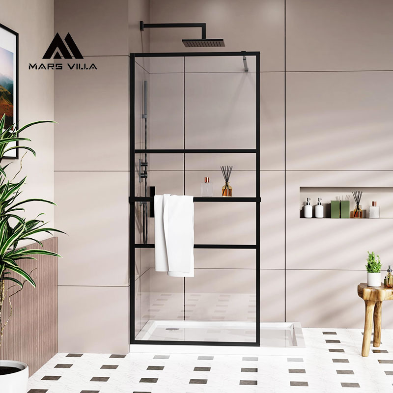 Black Frame & Shelf Framed 34″X 72″ Walk-In Shower Screen Grid Storage Rack