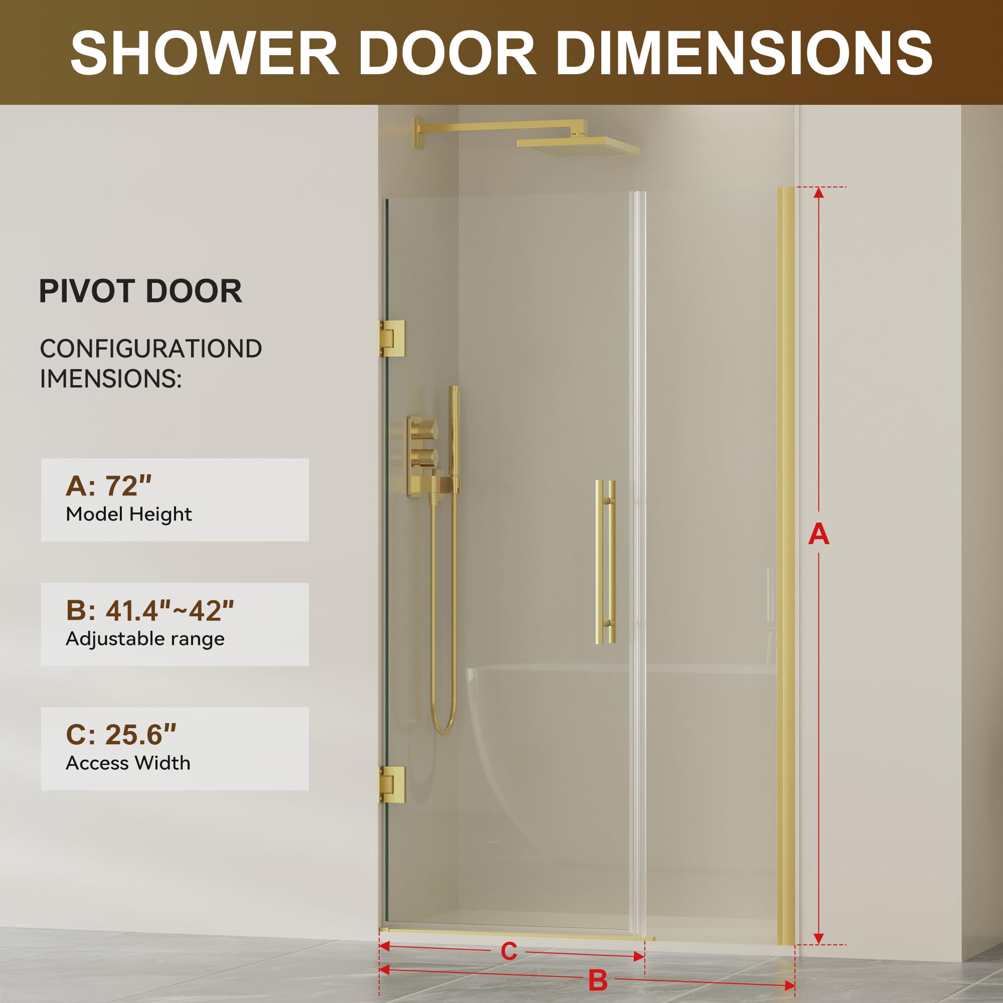 Brushed gold pivot shower door dimension chart, adjustable width 41.4''-42'', height 72'' specification diagram