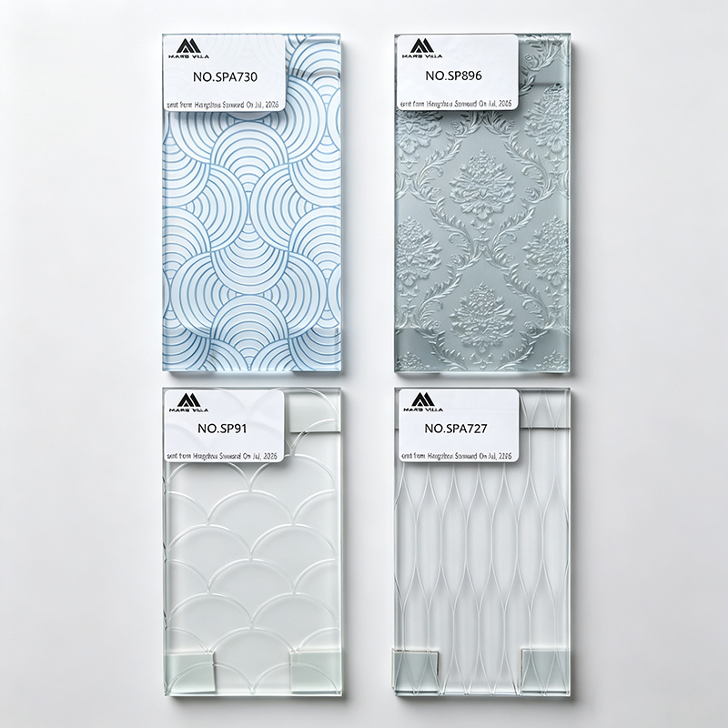 Mars Villa decorative embossed privacy glass samples assorted decorative patterns for custom pivot shower door