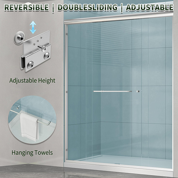 Reversible double sliding shower door with adjustable height rollers and glass towel bar accessory