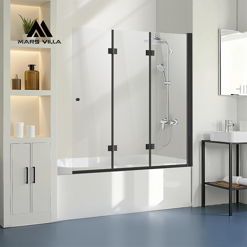 باب دش حوض استحمام مصمم حسب الطلب، عرض 51 بوصة × ارتفاع 56 بوصة، بدون إطار، قابل للطي ثلاثيًا، بمفصلات