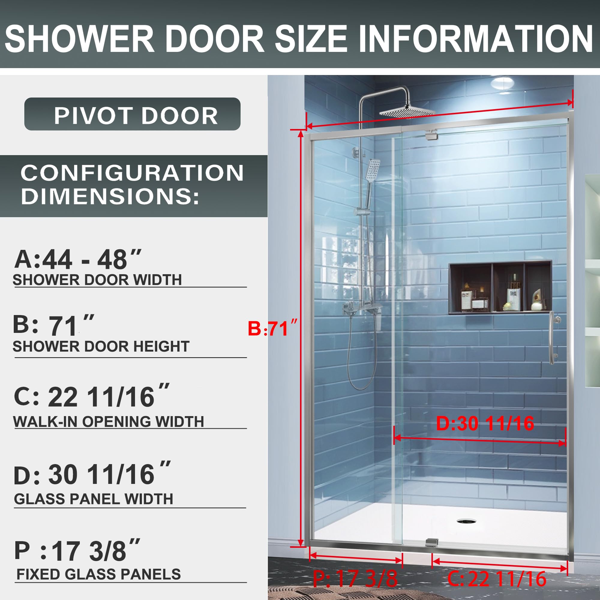 Mars Villa pivot hinged swing shower door official dimension diagram, adjustable width 38-42 inches, height 71 inches specification chart
