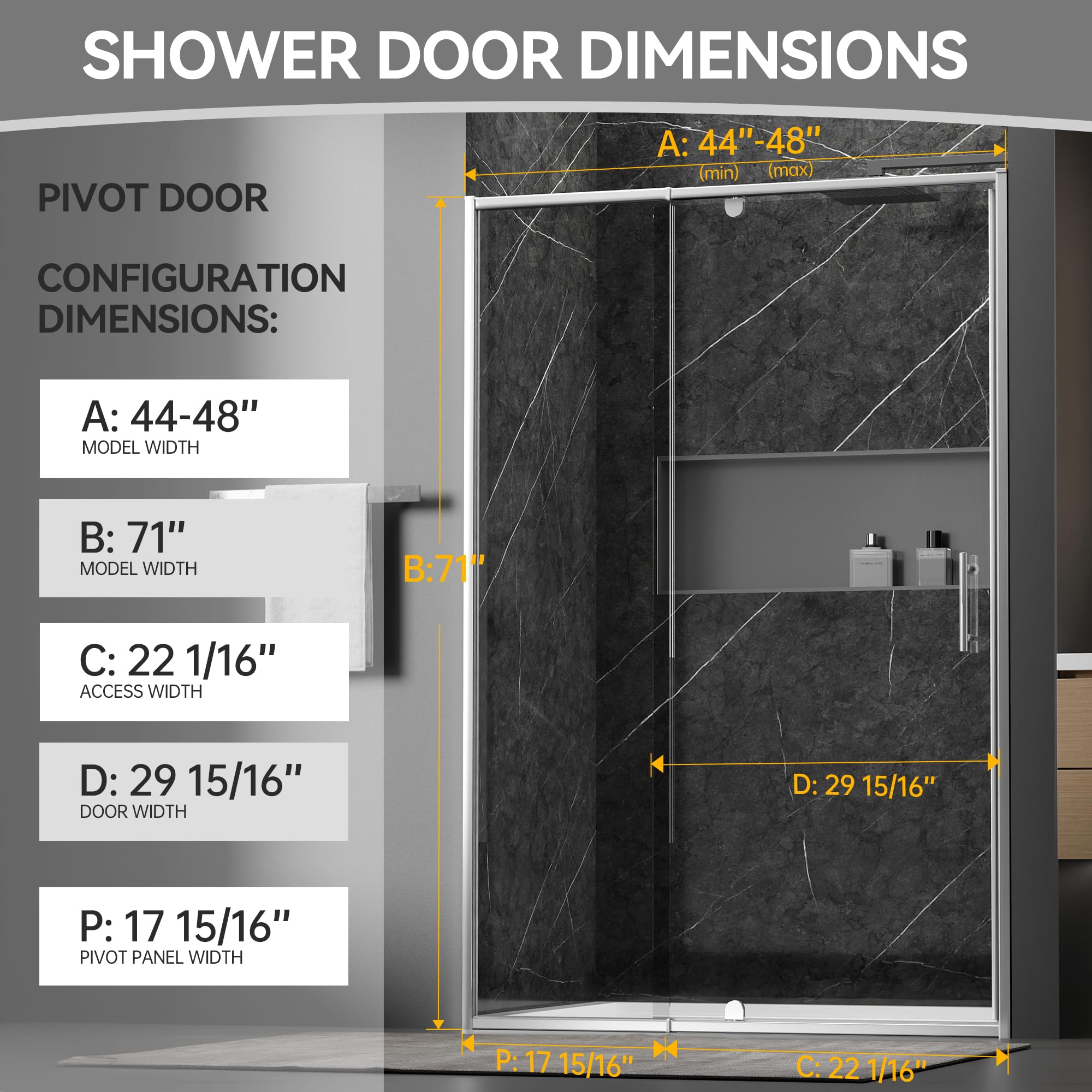 Pivot shower door dimension diagram, adjustable 44-48'' width, 71'' height