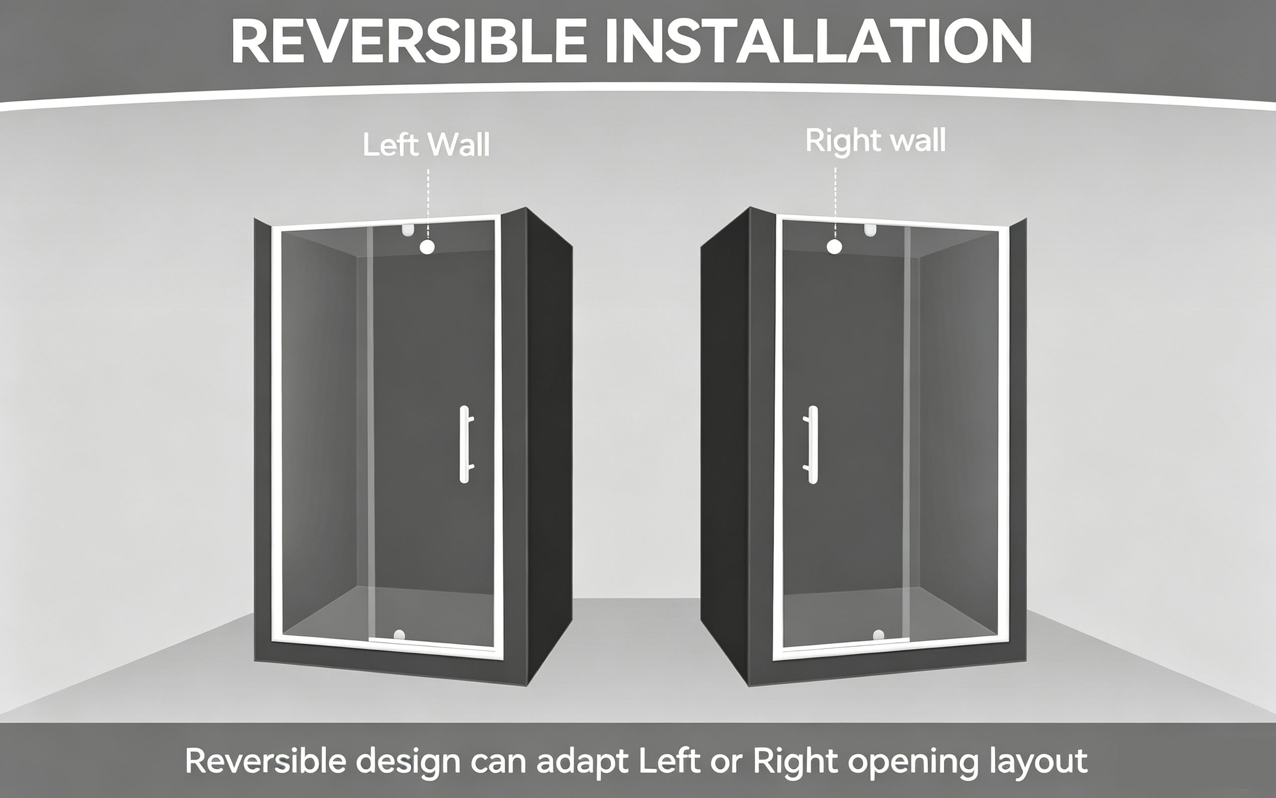 Reversible installation pivot shower door, flexible left wall or right wall mounting, fits multiple bathroom layouts