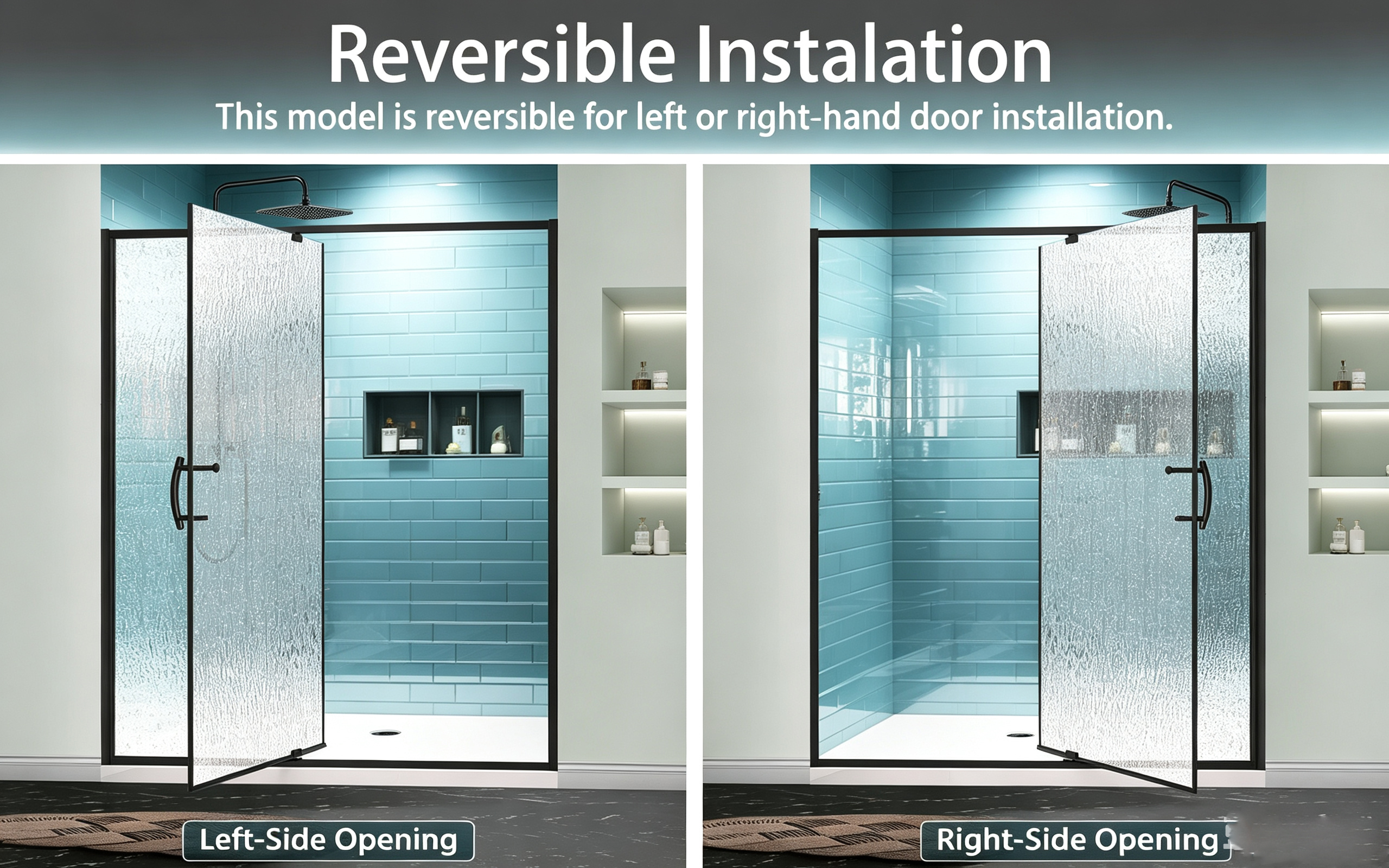 Mars Villa pivot hinged swing shower door, reversible installation shown for left-side opening and right-side opening, decorative rain texture privacy glass