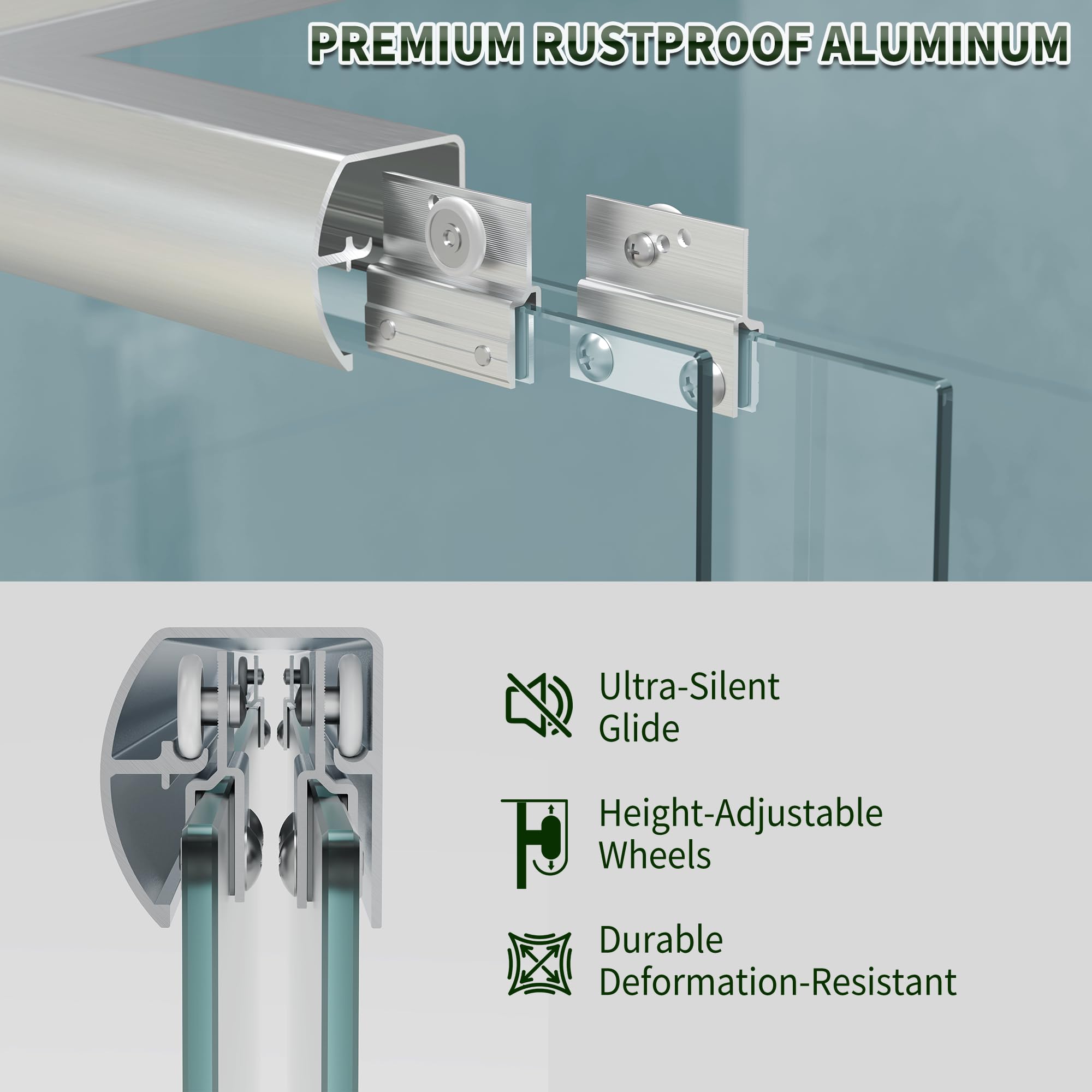 Rustproof aluminum frame sliding shower door hardware, ultra-silent adjustable sliding rollers