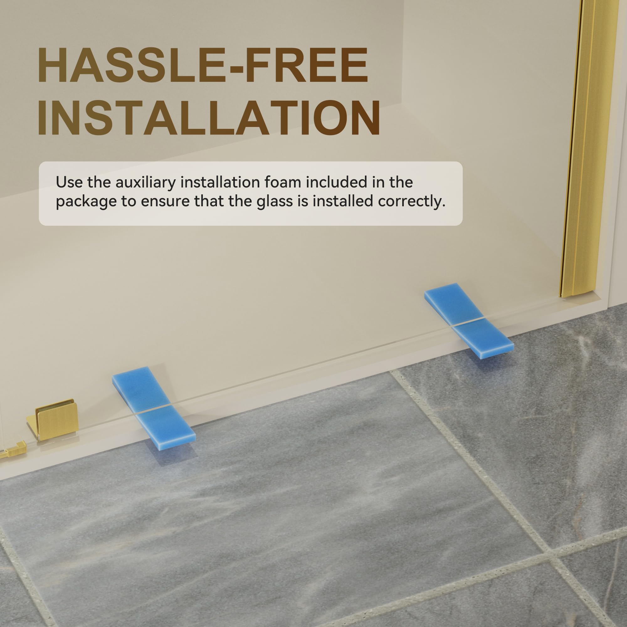 Hassle-free installation, auxiliary foam spacers included for brushed gold pivot shower door