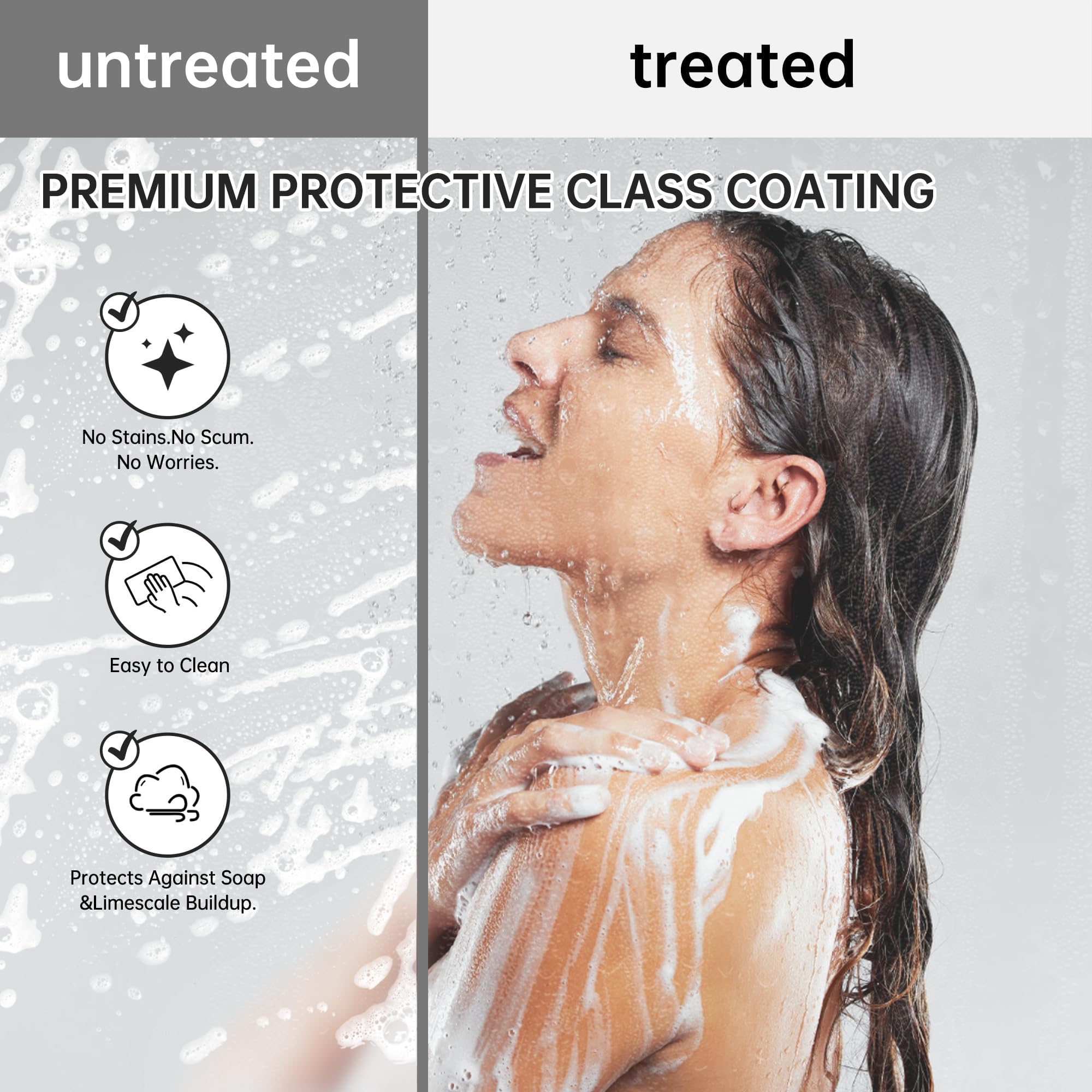 Untreated vs treated shower glass comparison, premium protective nano coating resists limescale and soap scum