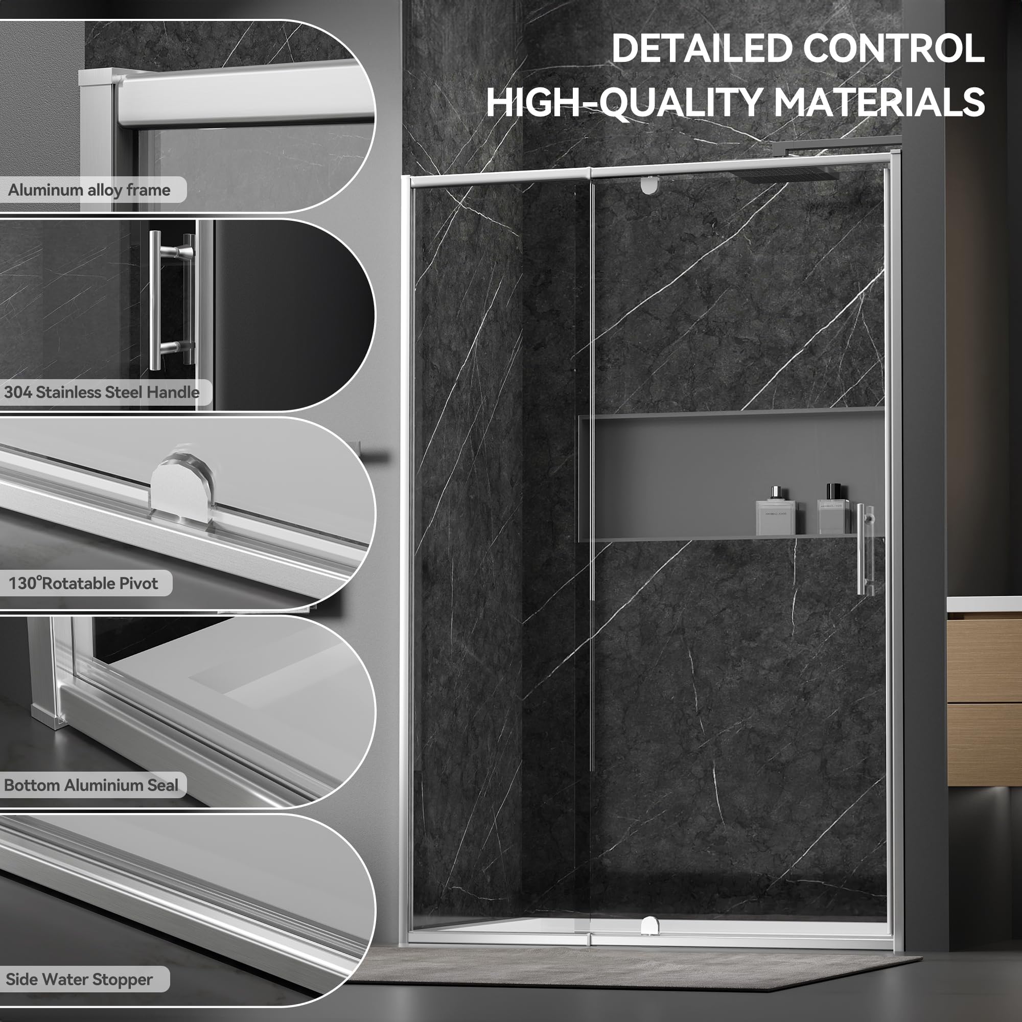 Silver pivot shower door hardware details aluminum frame 304 stainless steel handle, 130° rotatable pivot and water stoppers