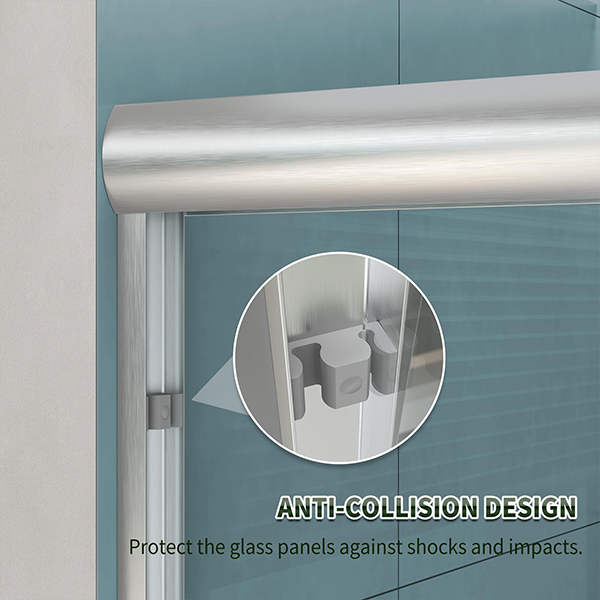 Sliding shower door anti-collision stopper design, buffer protection for glass panels
