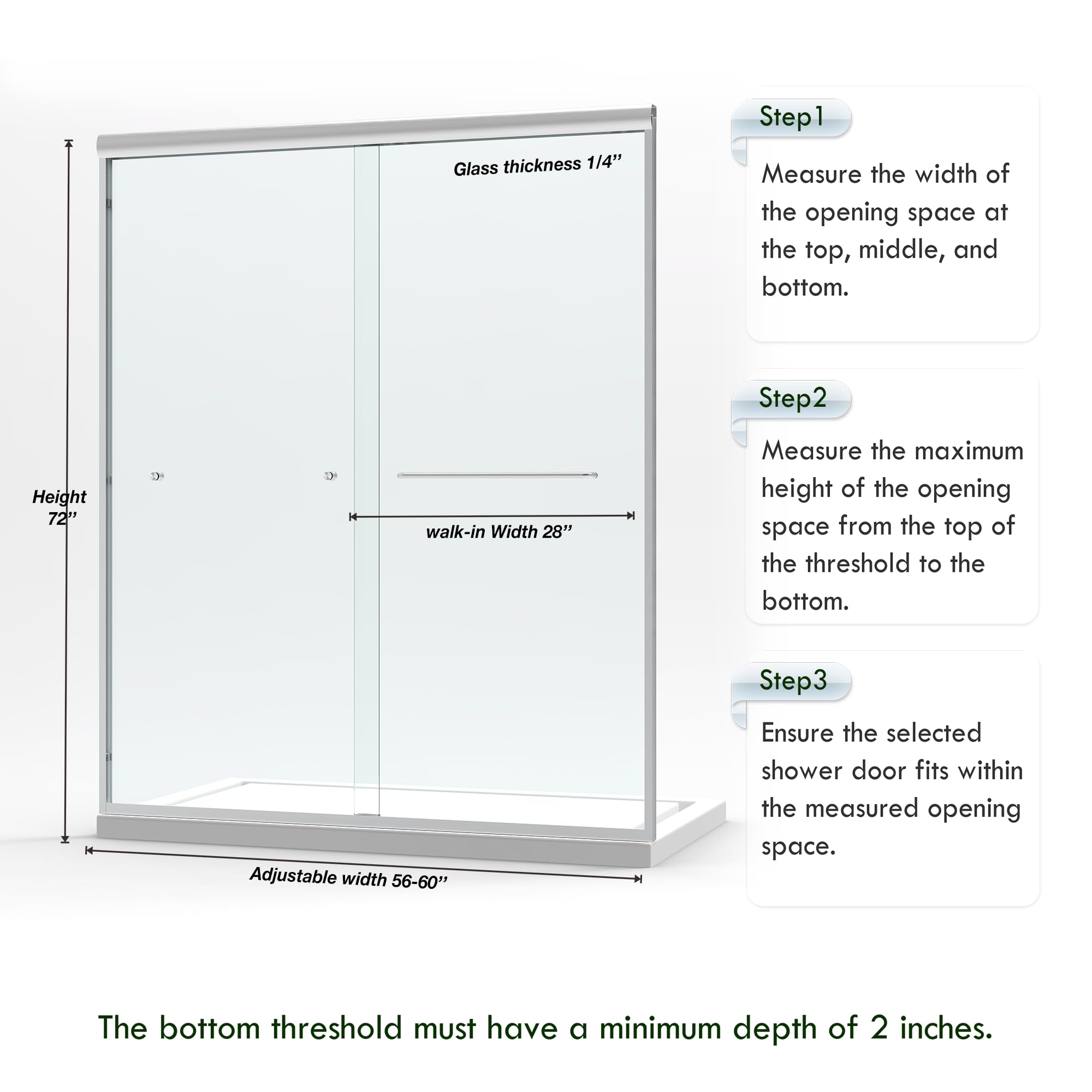 Sliding shower door dimension measuring guide, adjustable width 56-60'' height 72'', installation measurement instruction diagram