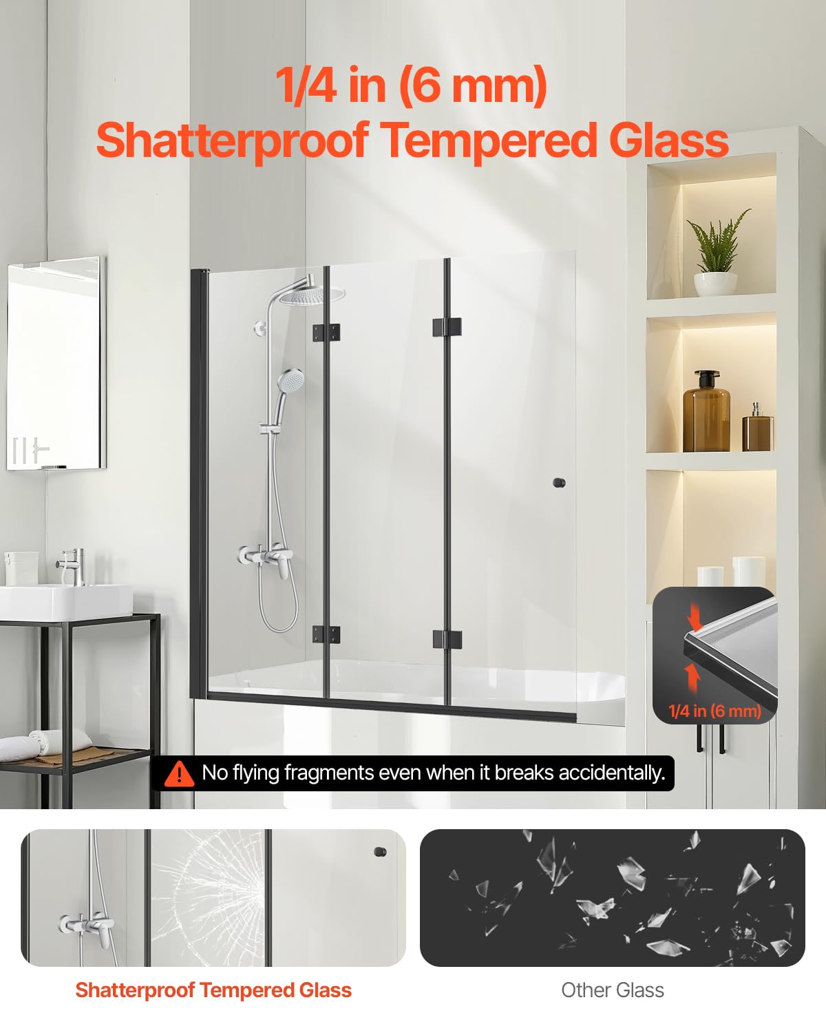 mars villa three fold hinged bathtub shower screen, 1/4 inch 6mm shatterproof tempered glass comparison graphic