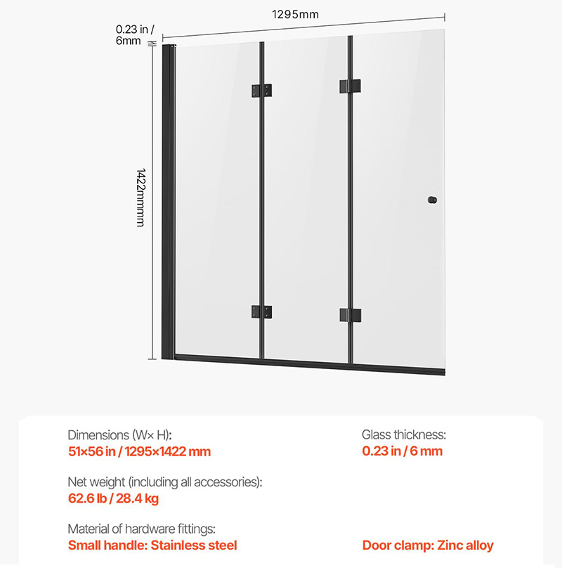 mars villa matte black three fold tub shower screen size diagram, 1295×1422mm, 6mm tempered glass