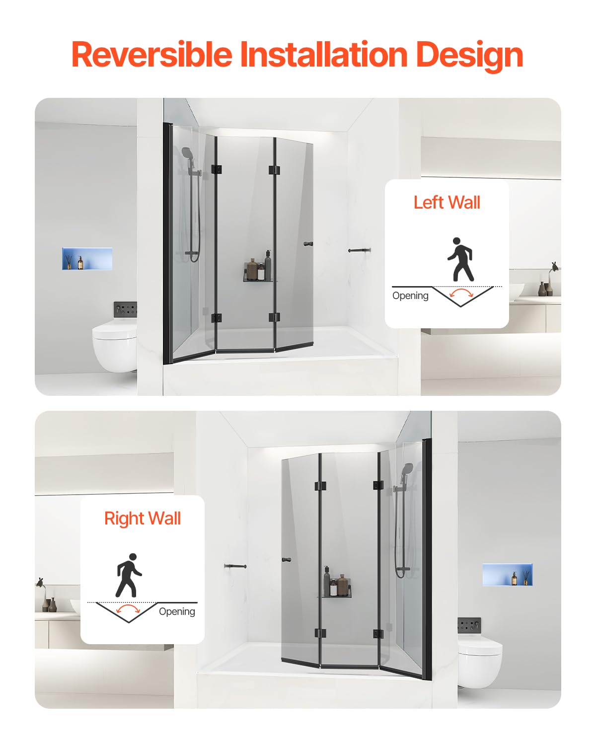 mars villa matte black three-fold bathtub shower enclosure, reversible installation, fits left wall or right wall layout