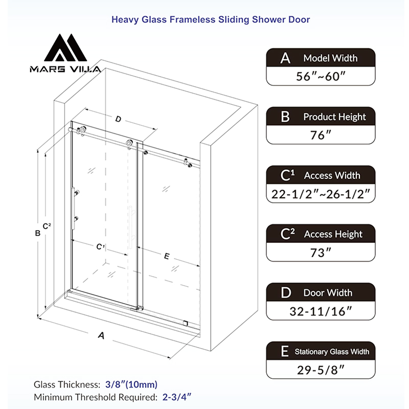 Technical dimension drawing for frameless sliding tempered glass shower enclosure with standard size parameters