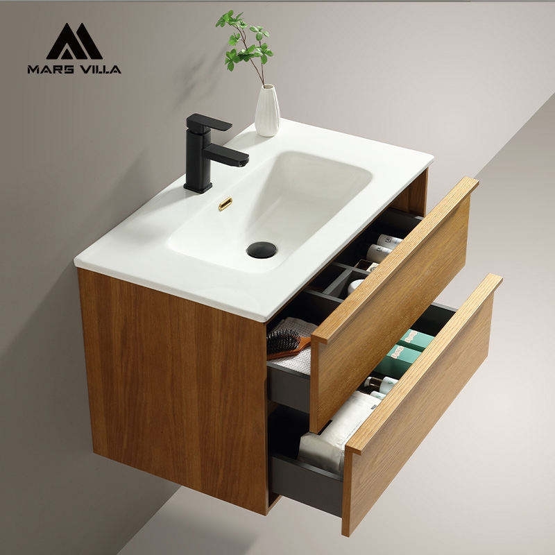 Custom Single Sink Floating Oak Bathroom Cabinet with Ceramic Basin
