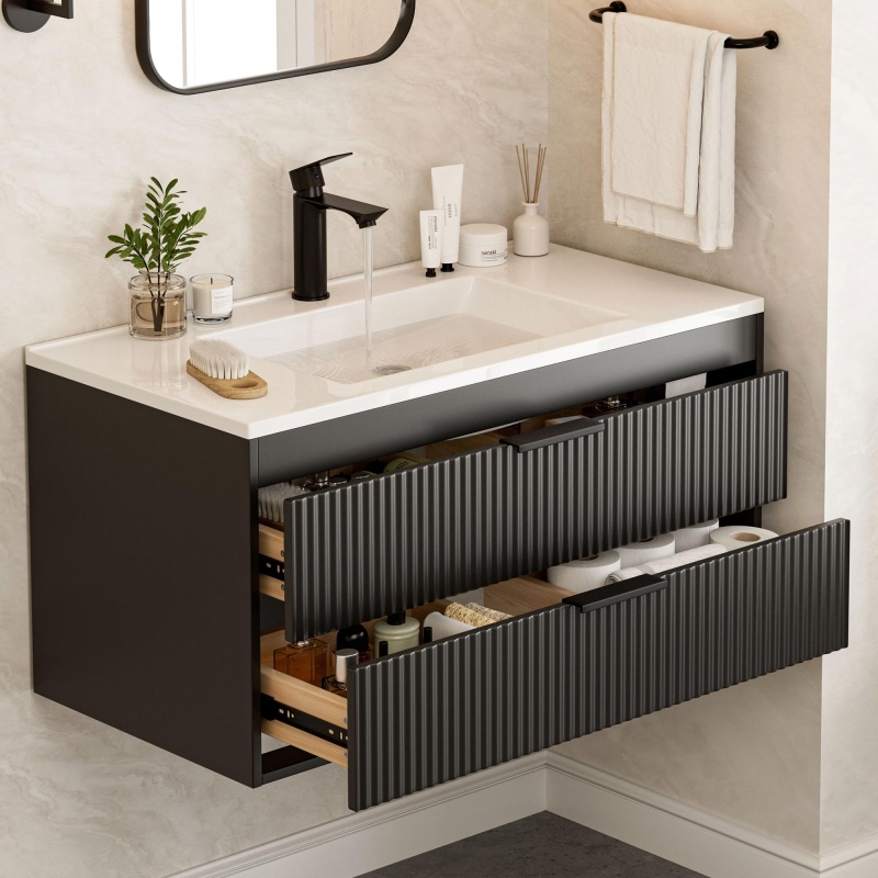 Custom 36 Inch Black Fluted Wall-Mounted Bathroom Vanity