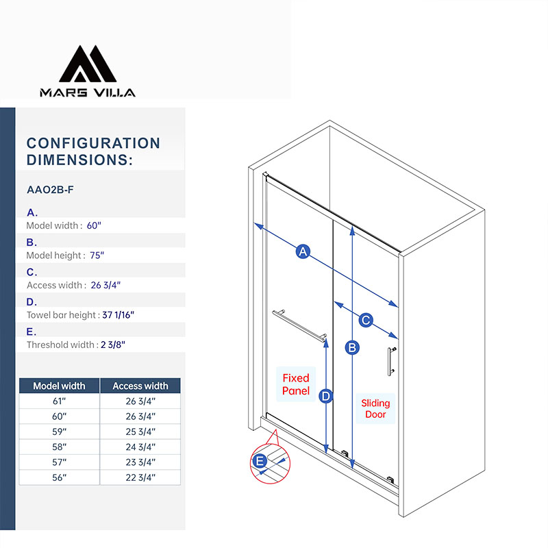 mars villa framed sliding shower door technical drawing, frosted glass enclosure, multiple width options 56‑61 inch