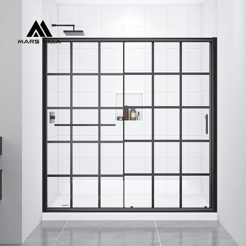 Puerta de ducha doble corrediza con marco y cristal decorativo con diseño de rejilla.