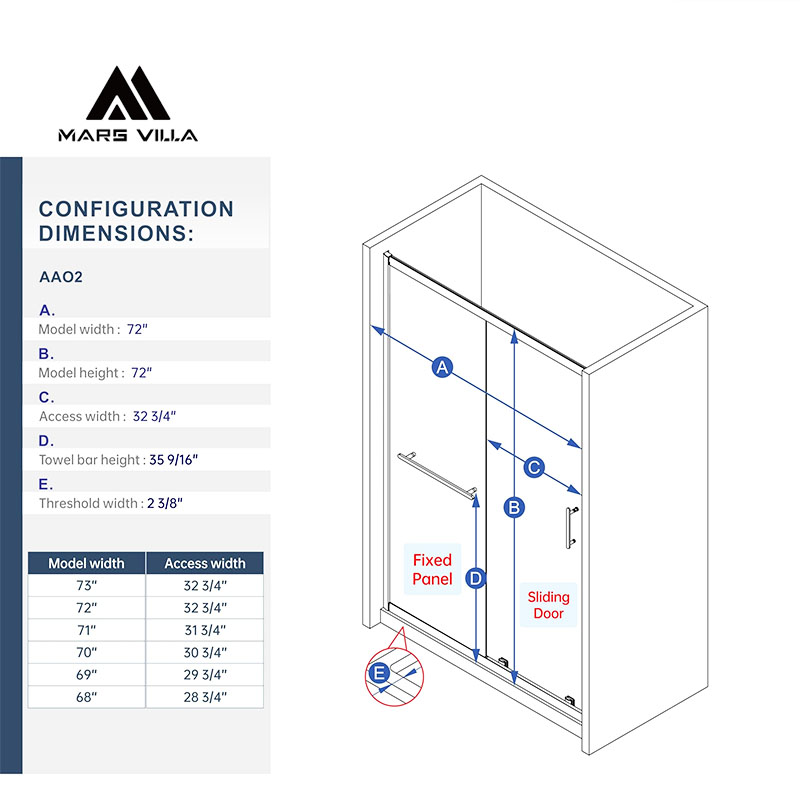 mars villa framed sliding shower door technical dimension drawing, multiple size options for grid‑pattern glass shower door