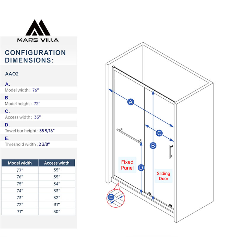mars villa framed sliding shower door aa02 dimension diagram, multiple width sizes and access opening specifications