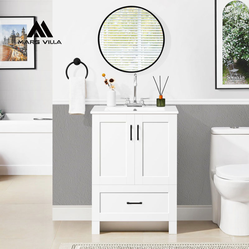 Custom White 24-Inch Freestanding Shaker Bathroom Vanity Set with Black Hardware