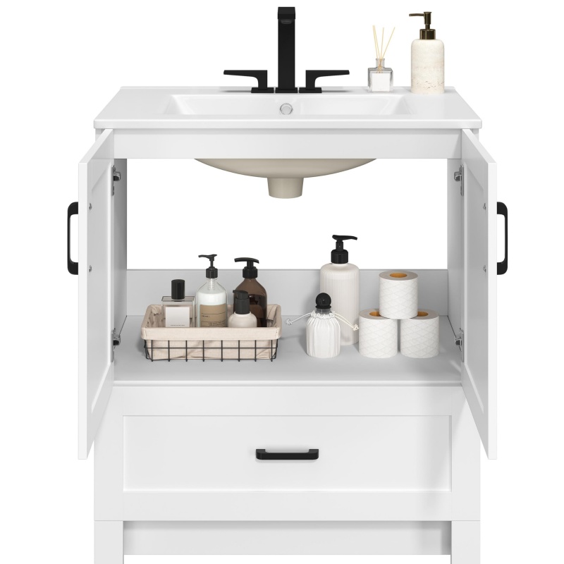 athroom vanity with open shelf