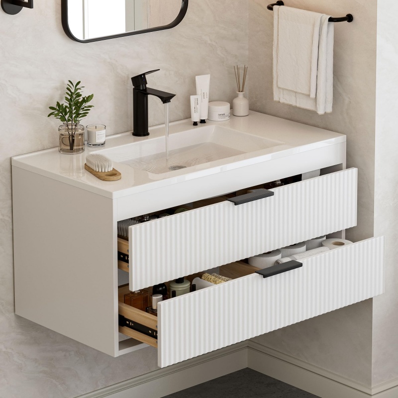 Custom 36 Inch White Fluted Wall-Mounted Bathroom Vanity