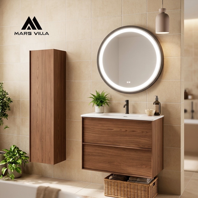 Custom Walnut Wall-Mounted Bathroom Vanity with Ceramic Basin & Round LED Mirror