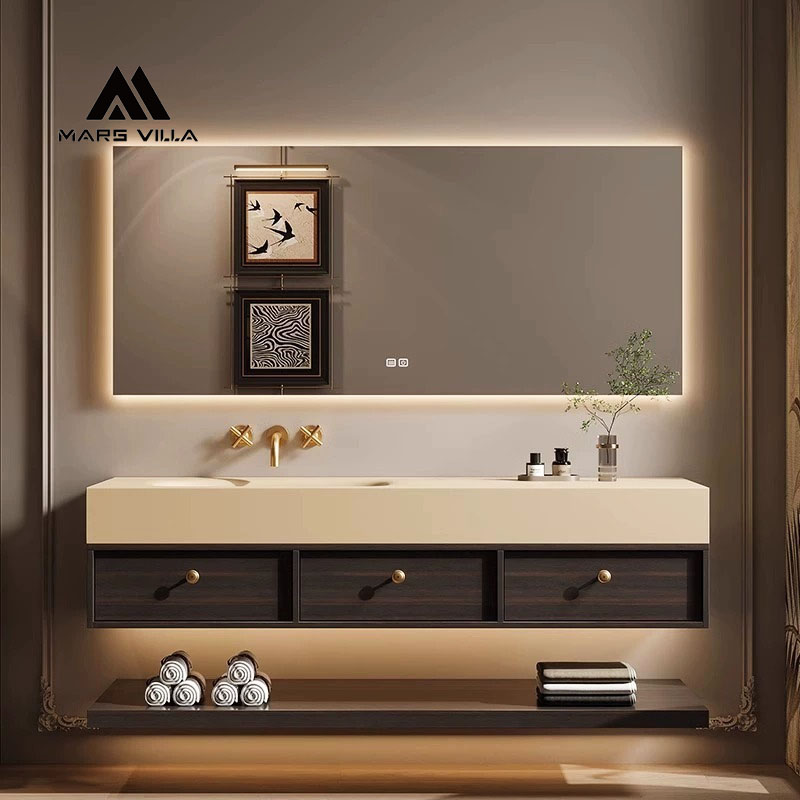 Custom Walnut Bathroom Vanity Set with 4 Drawers & LED Mirror