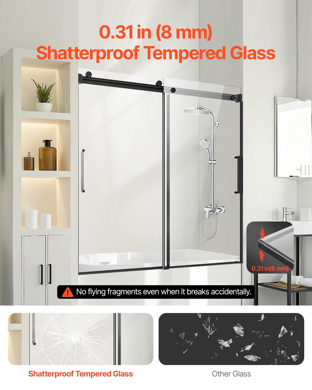 mars villa double sliding bathtub shower door, 8mm sgcc shatterproof tempered safety glass