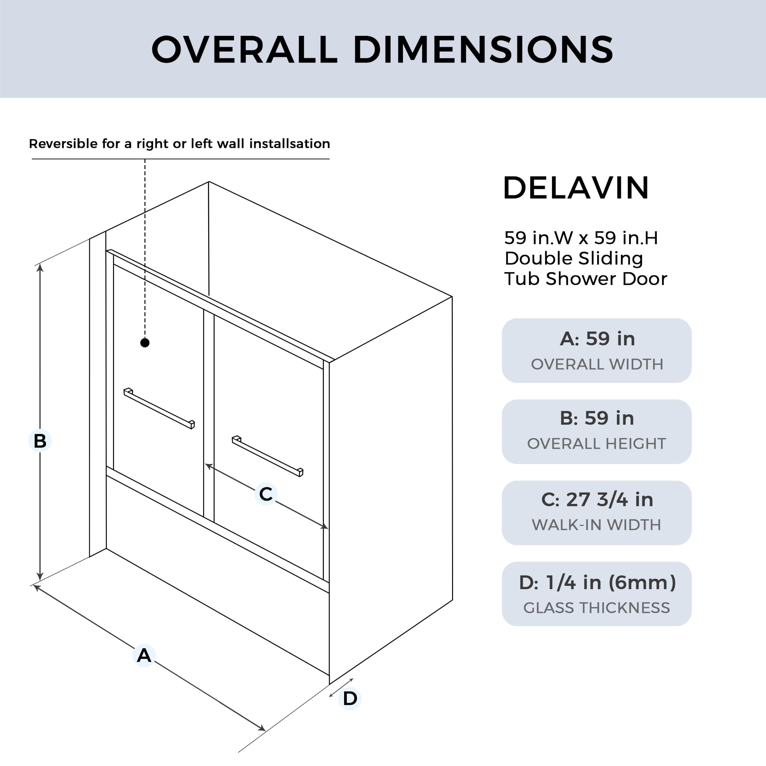 mars villa sliding bathtub shower door size diagram, reversible left-right installation, customizable dimensions