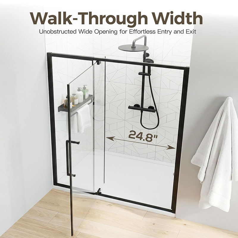 Bathroom display photo of Mars Villa matte black pivot shower enclosure, 24.8 inches unobstructed walk-through width for comfortable entry and exit in modern bathroom renovation