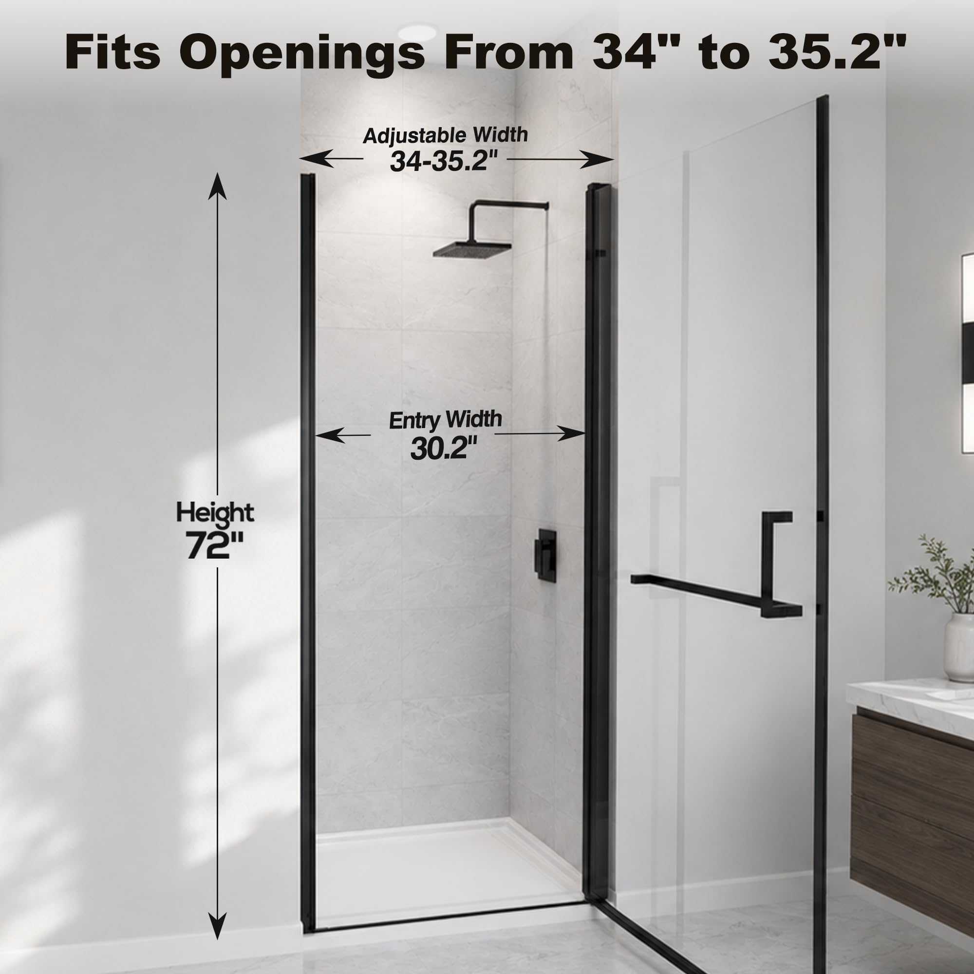 Mars Villa pivot shower door dimension diagram, 72