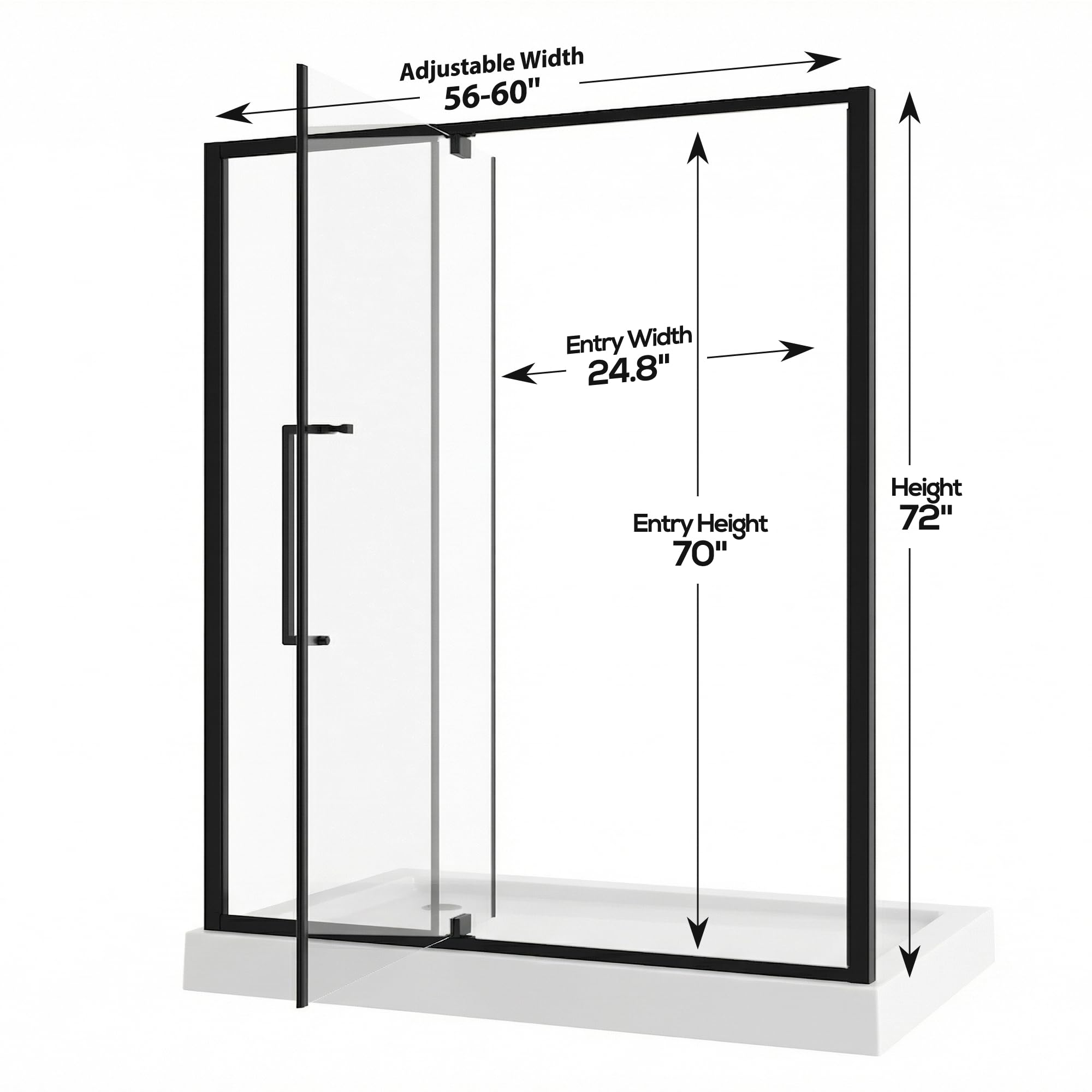 Dimension specification diagram of Mars Villa matte black pivot shower enclosure, 56 to 60 inches adjustable opening, 72 inch overall height, 24.8 inch walk-in entry width for bathroom renovation