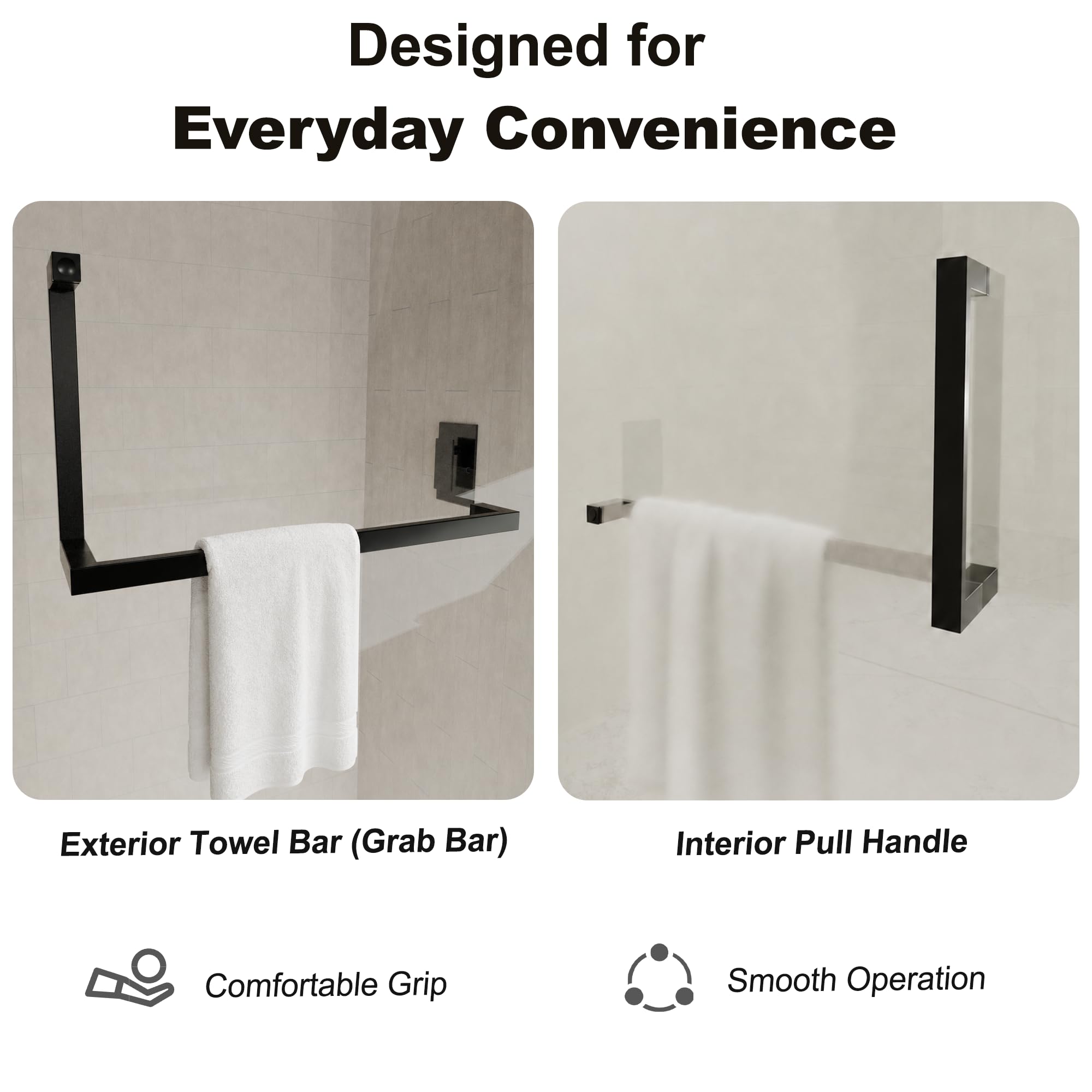 mars villa pivot shower door 2-in-1 towel bar and inner pull handle for daily convenience
