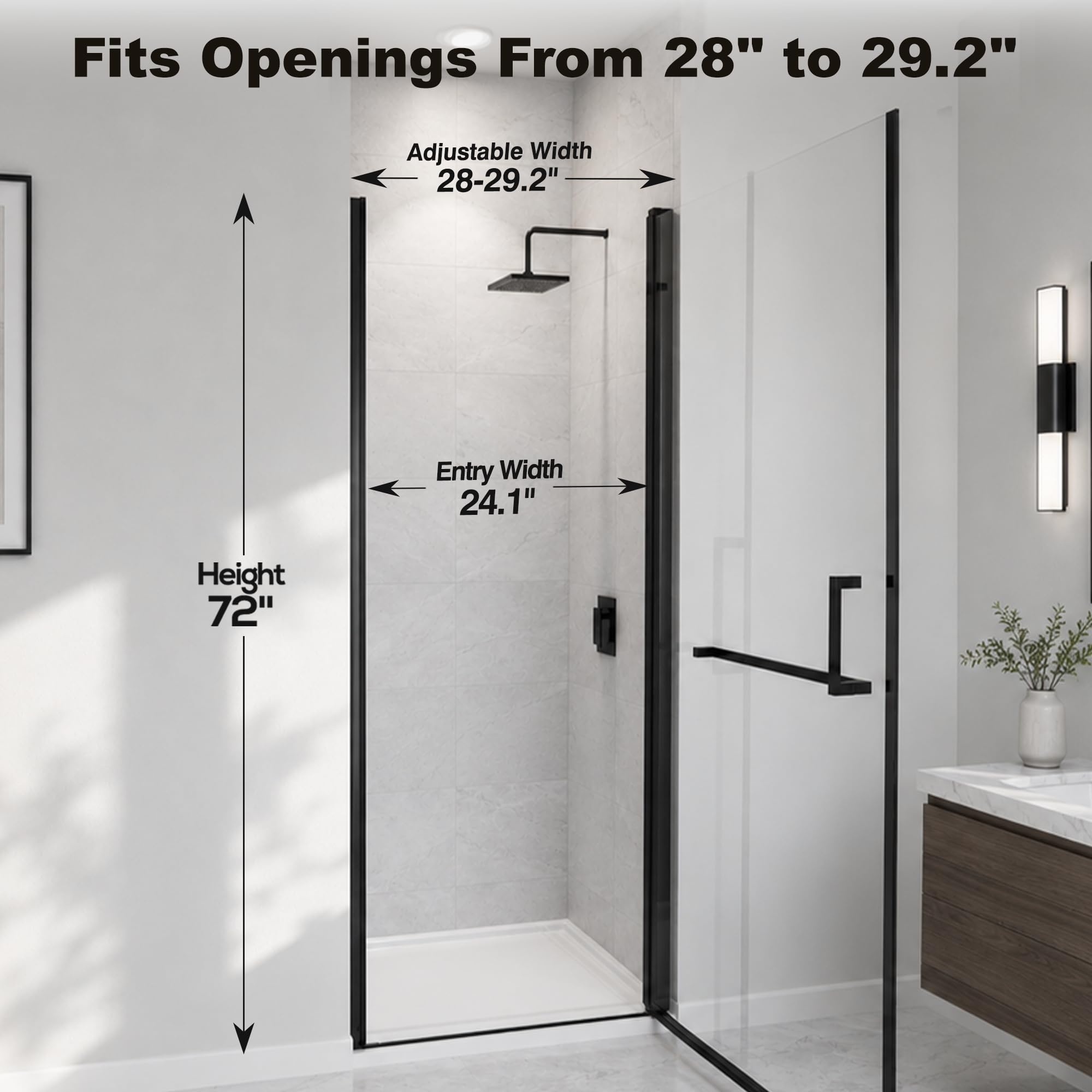 mars villa narrow size pivot shower door, 28-29.2