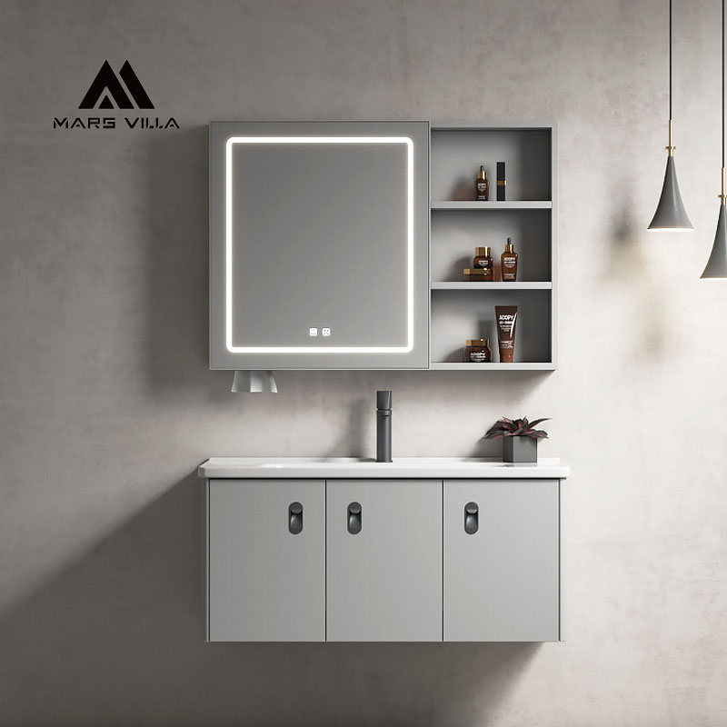 Meuble-lavabo mural moderne gris texturé sur mesure avec miroir intelligent à LED
