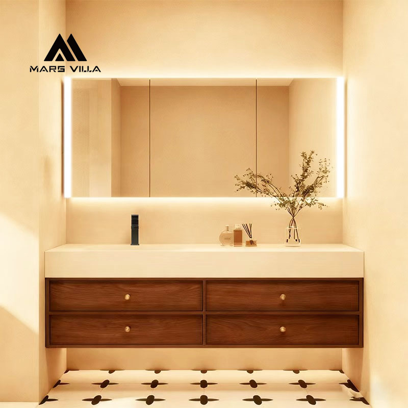 Custom Walnut Bathroom Vanity Set with 4 Drawers & LED Mirror