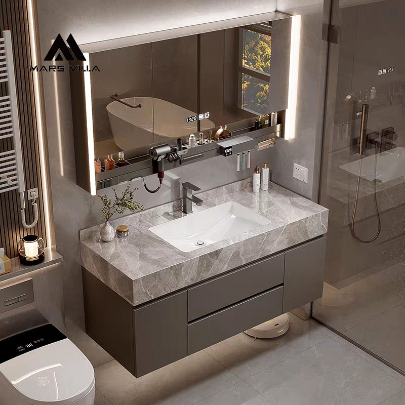 Custom Floating Bathroom Vanity with Drawers, Marble-Look Top & LED Mirror