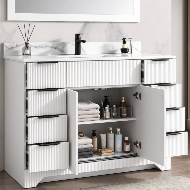 bathroom vanity with six drawers