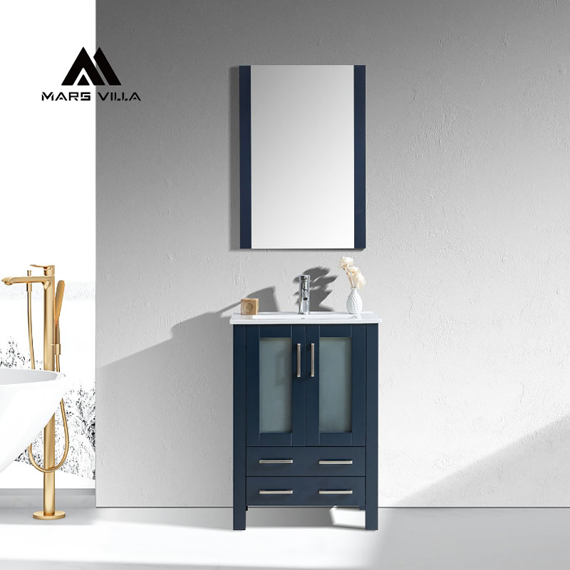 bathroom vanity with frosted glass doors