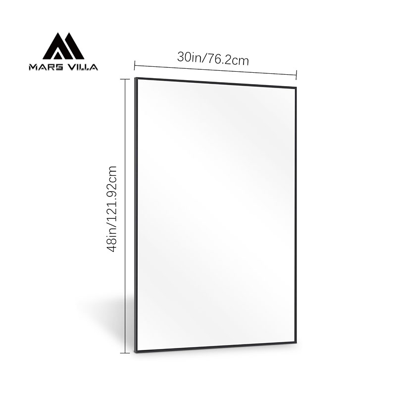 Mars Villa 30in x 48in vertical black metal framed bathroom mirror, slim matte black frame, HD clear silver glass, dimension marked wall vanity mirror, support horizontal & vertical installation