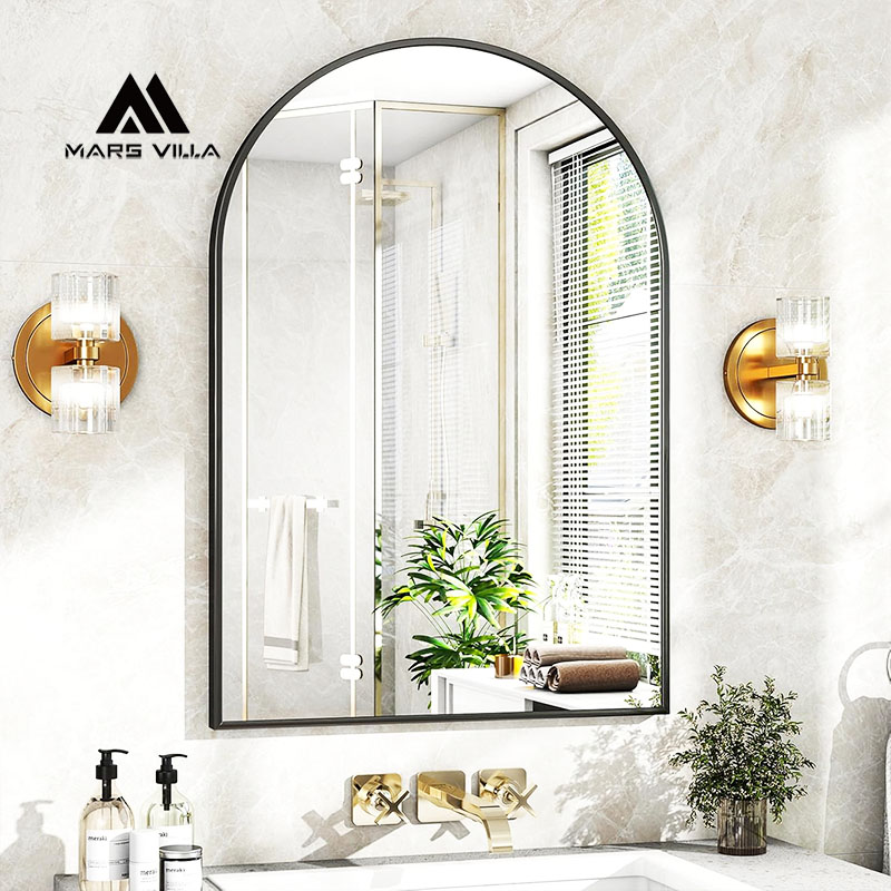 Mars Villa arched black metal framed bathroom mirror, slim matte black frame, arch top vanity wall mirror, stylish for bathroom entryway hotel villa